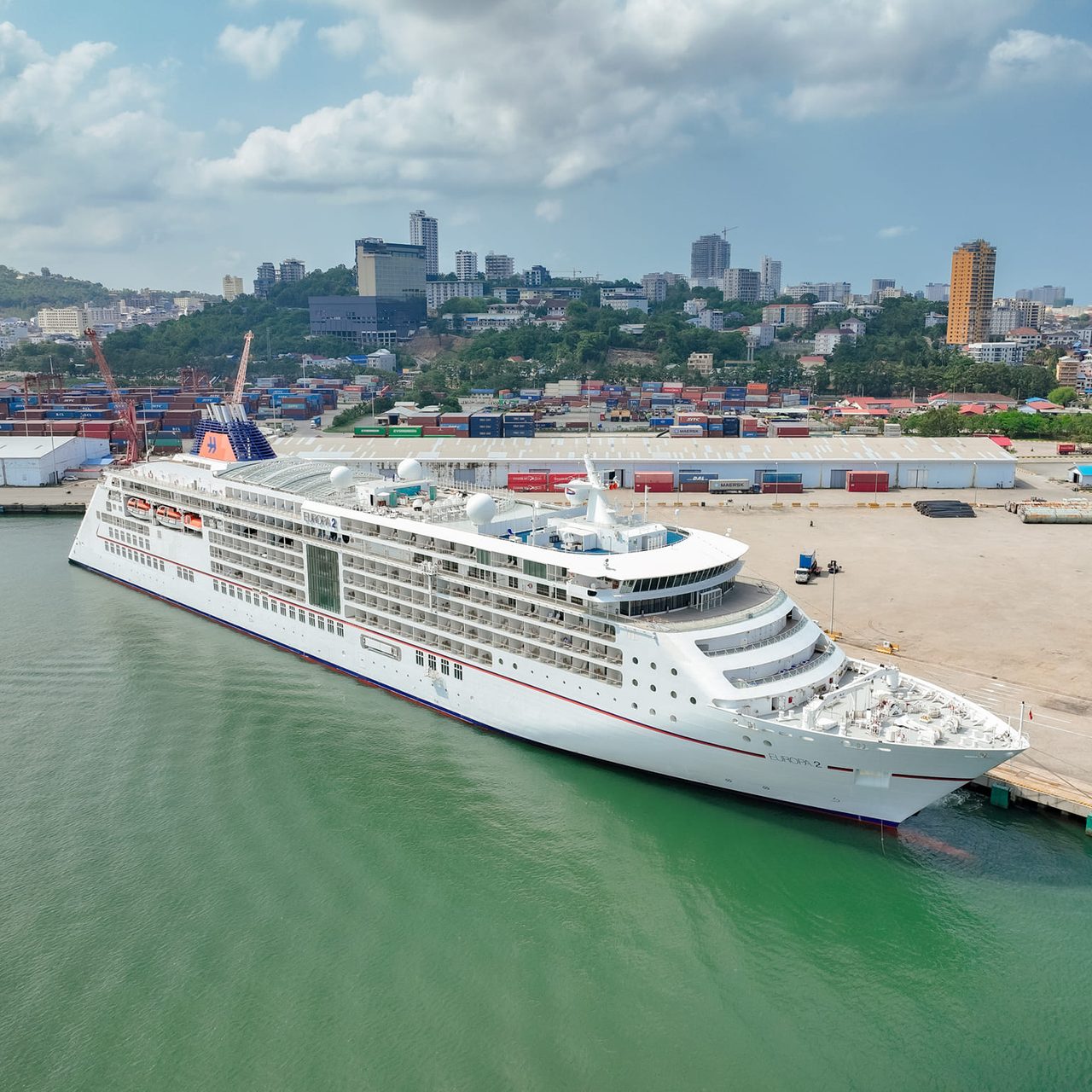 Europa 2 cruise ship with Malta nationality, length of 225.38 meters, width of 29.90 meters, and depth of -6.30 meters, docked safely at PAS to visit Cambodia for one day after leaving Vietnam