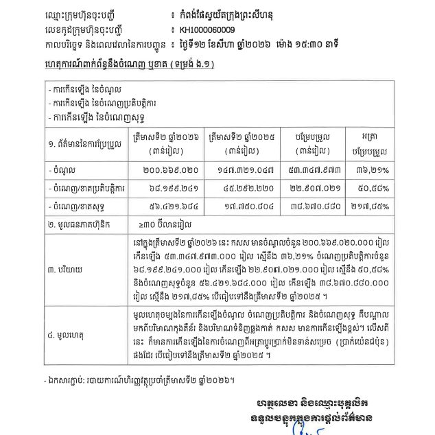 ការបង្ហាញព័ត៌មានទាន់ពេល(១២ សីហា ២០២៦) ទាក់ទងនឹង ចំណេញឬខាត(ទម្រង់ ង.១)