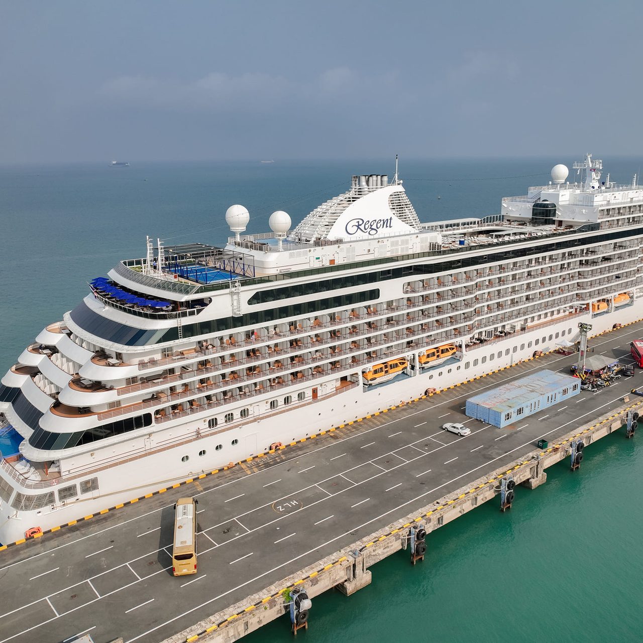 Seven Seas Explorer cruise ship with Marshall Island nationality, length of 223.70 meters, width of 31 meters, and depth of -7.20 meters, docked safely at PAS to visit Cambodia