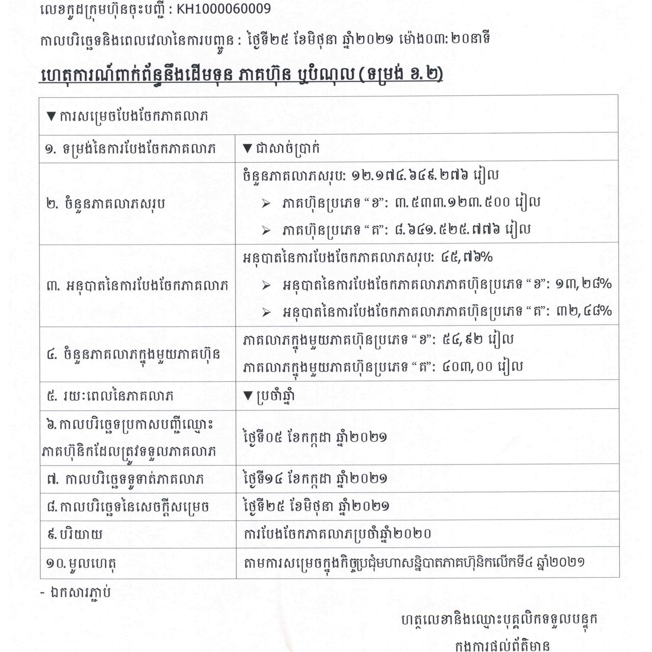 ការបង្ហាញព័ត៌មានទាន់ពេល(២៥ មិថុនា ២០២១) ទាក់ទងនិងដើមទុន ភាគហ៊ុន ឬបំណុល (ខ.២)