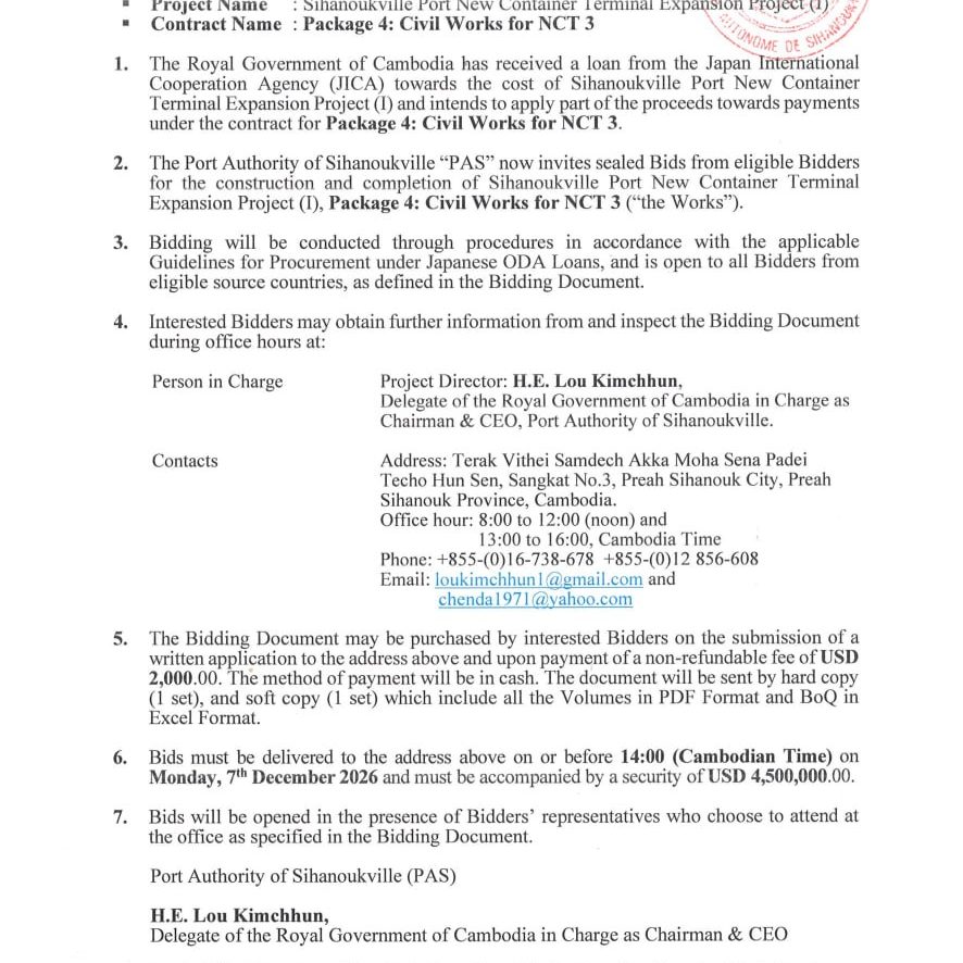 Invitation for Bids for the Construction and Completion of Sihanoukville Port New Container Terminal Expansion Project, Package 4: Civil Works for NCT-3.